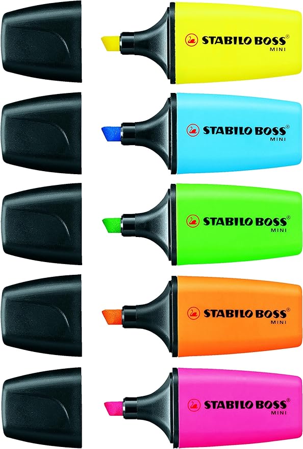 STABILO BOSS Mini Highlighter Set, 5-Color, Yellow, Orange, Pink, Green, and Blue