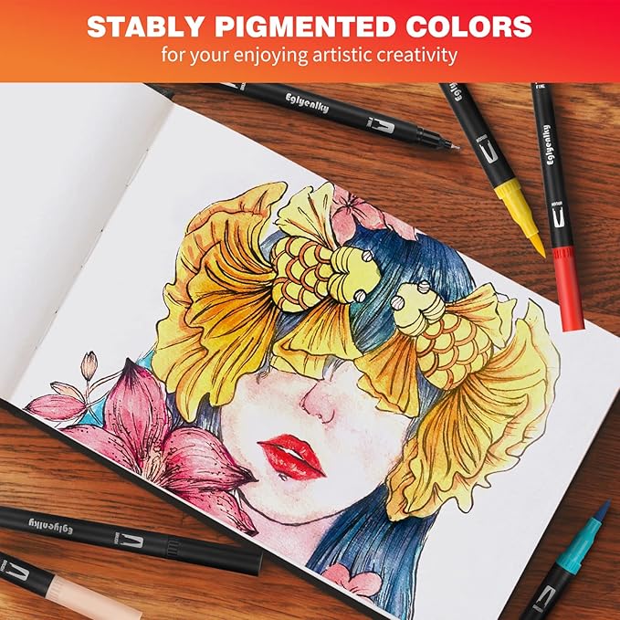 Colored Markers for Adult Coloring Books, Dual Tip Brush Pens with 100 Watercolor Fine Tip Markers and Brush pens for Kids Drawing Calligraphy