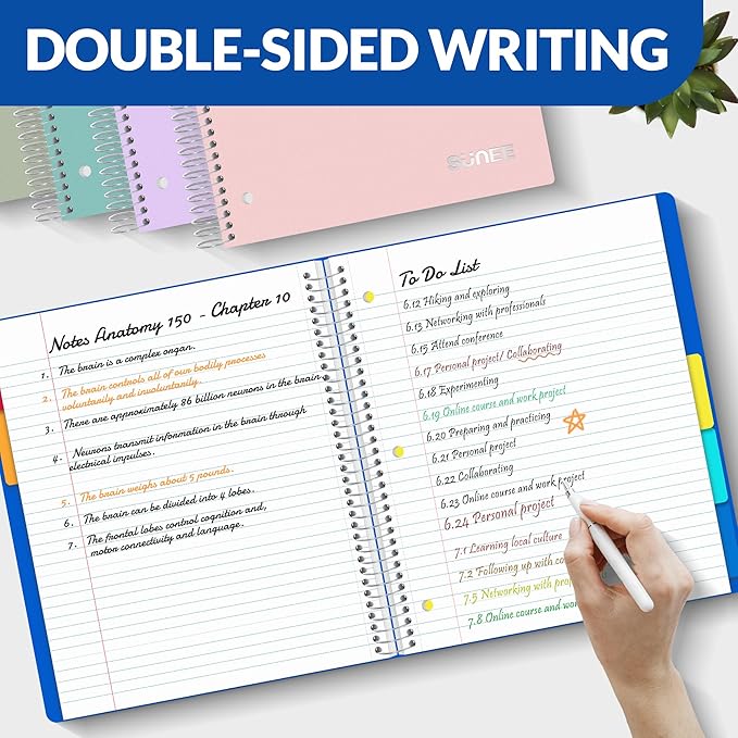 SUNEE 5 Subject Notebook College Ruled - 400 Pages, 9"x11", 5 Pocket Colored Dividers, 3-Hole Punched Paper, Blue