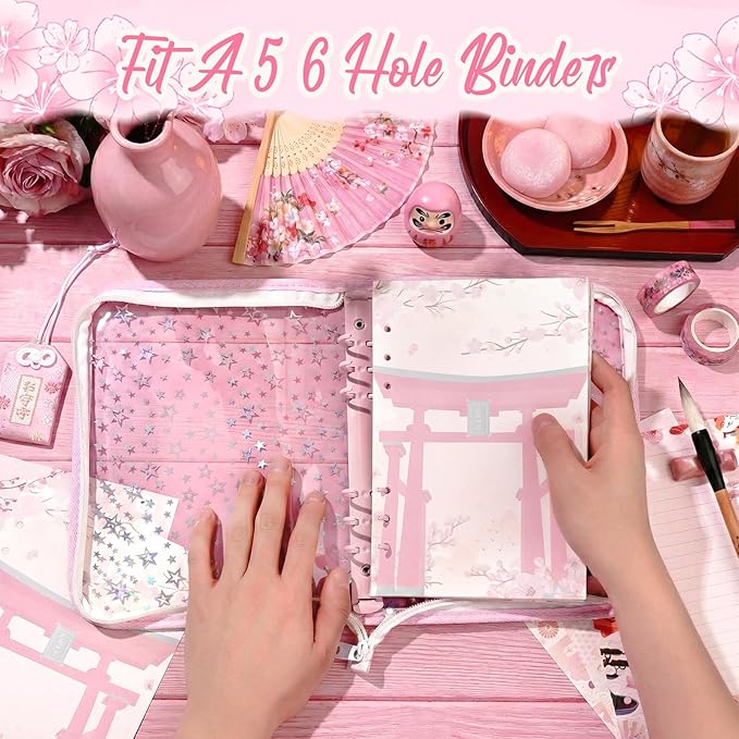 100 Sheets Japanese A5 Planner Inserts - 120GSM Thick Cherry Blossom Refill Paper for A5 6-Ring Binder, Sushi Cranes Fans Temples 6 Hole Loose Leaf Sheets for Journal Diary Notebook Budget Planning