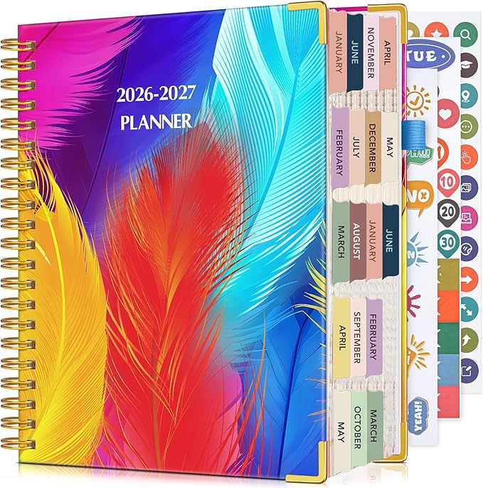 Planner 2026-2027, 18 Months Weekly and Monthly Daily Planner from January 2026 - June 2027, 8.5" x 11" A4 Large Hardcover Agenda Organizer Book 2026 with Tabs, Spiral Yearly Calendar Planners for School Work Home, Colorful Feather