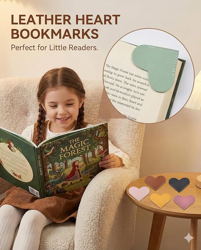 Leather Heart Bookmarks (6pcs) - Cute & Practical Reading Accessory for Book Lovers, Teachers, Students for All Ages
