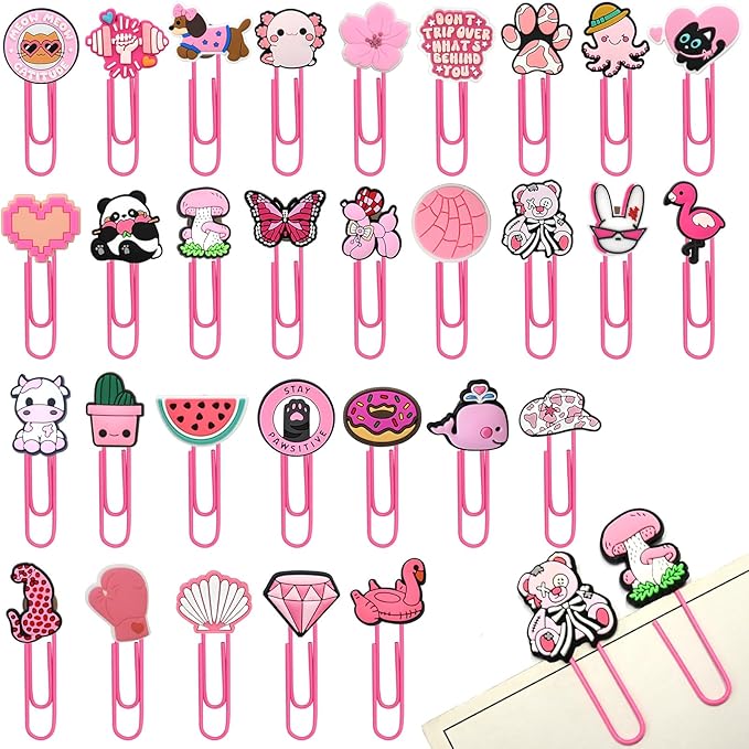 Cute Paper Clips, 30Pcs Pink Bookmark Paperclips Bulk Metal Fun Cute Pink Planner Clip Charms Clamp Desk Accessories Stationery Colorful Office Supplies Gifts for Student Teacher Party Decorative