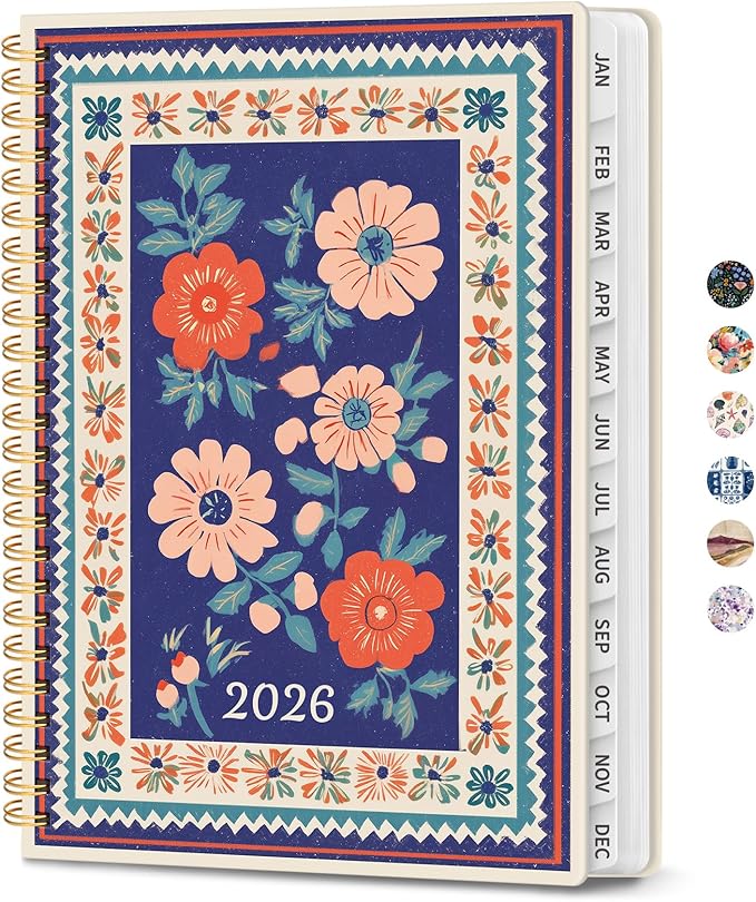 2026 Planner, Weekly and Monthly Planner for Women, Jan 2026 - Dec 2026 Pretty 2026 Calendar Planner with Monthly Tabs, Inner Pocket, Spiral Binding, Perfect for Office Home School - 6.3" x 8.5", Folk Bloom