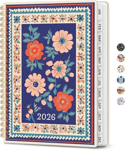 2026 Planner, Weekly and Monthly Planner for Women, Jan 2026 - Dec 2026 Pretty 2026 Calendar Planner with Monthly Tabs, Inner Pocket, Spiral Binding, Perfect for Office Home School - 6.3" x 8.5", Folk Bloom