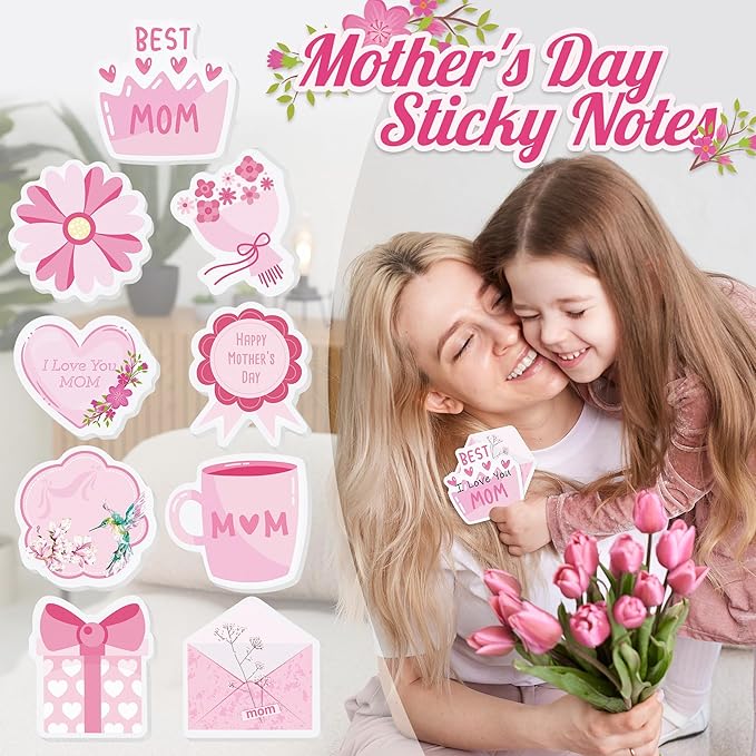 9 Packs Happy Mother's Day Sticky Notes Pink Flower Bouquet Humming Bird Heart Shaped Self-Stick Writing Notepads Mini Adhesive Memo Pads Reminder Love Best Mom Ever Birthday Gift from Son Daughter