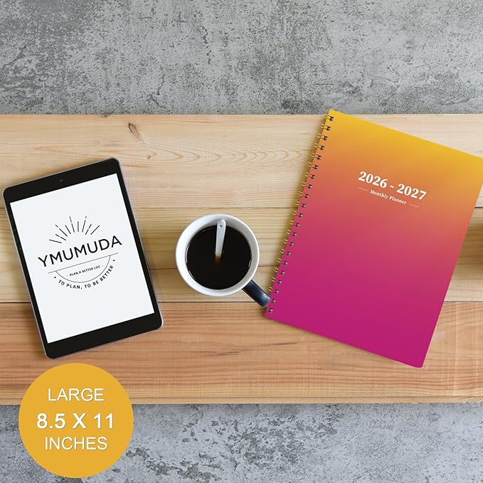 Ymumuda 2026 Monthly Planner - 2 Year Monthly Planner, JAN.2026 to DEC.2027, 8.5" x 11", Large Calendar with Spiral Bound, 24 Coated Tabs,24 Months Perfect for School & Office Schedule, Orange & Pink