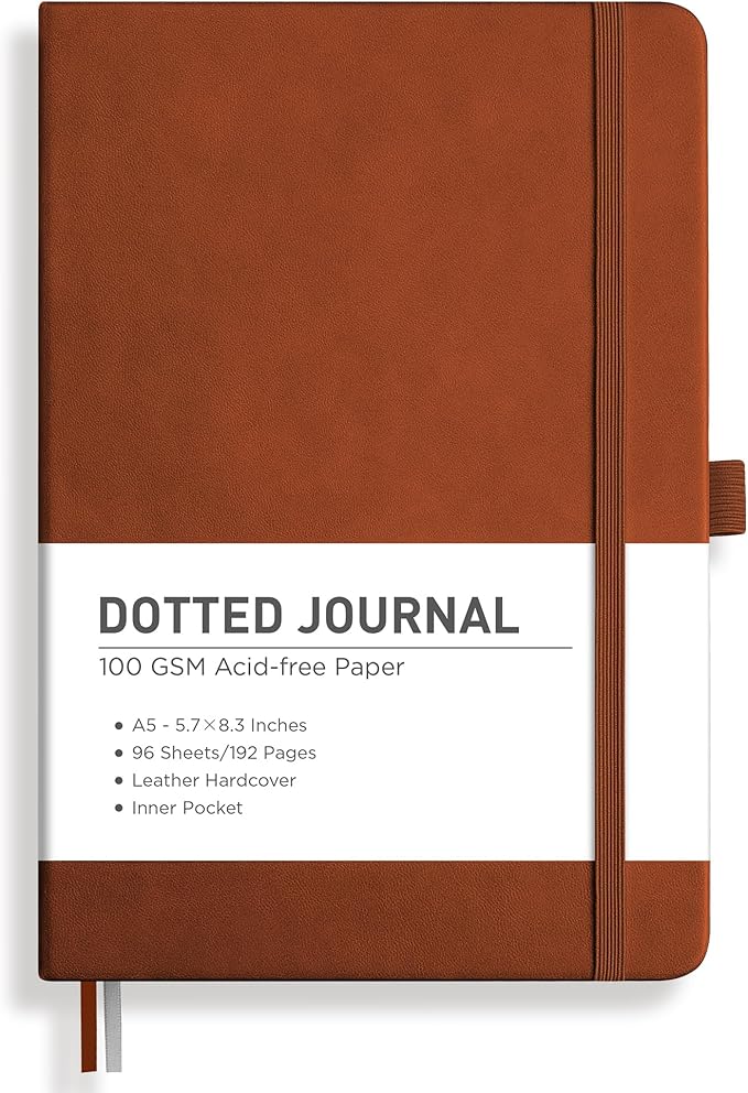 RETTACY Dotted Journal Notebook, 192 Pages, A5 Medium Size (5.7'' x 8.3''), Leather Hardcover, 100 GSM Thick Paper, for Bullet Journaling, Planning, Tracking (Brown)