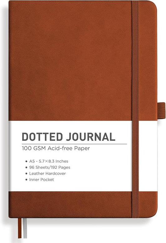 RETTACY Dotted Journal Notebook, 192 Pages, A5 Medium Size (5.7'' x 8.3''), Leather Hardcover, 100 GSM Thick Paper, for Bullet Journaling, Planning, Tracking (Brown)