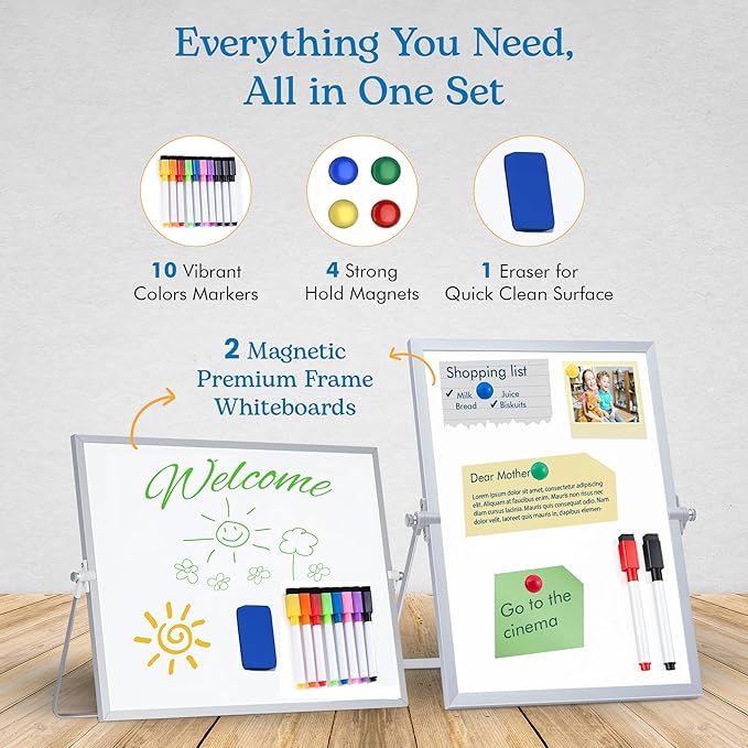 2-Pack Magnetic Dry Erase Whiteboard, Vertical and Horizontal - 14 × 11 Inch Double-Sided Desktop White Board with Stand – Portable Small Whiteboard for Office, Home, Drawing & Notes