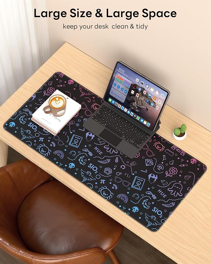 XL Gaming Mouse Pad, 31.5x17.5'' Large Desk Mat with Anti-Slip Rubber Base & Stitched Edges for Gaming, Office, Home - Cute Graffiti