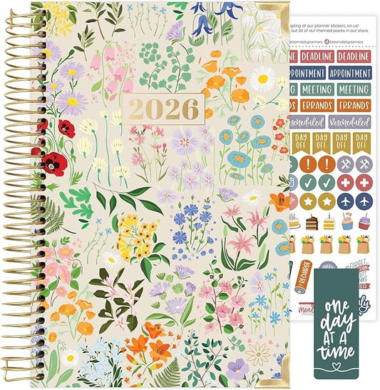 bloom daily planners HARDCOVER 2026 Planner (January to December) - A5 Task Goal Organizer - Monthly & Weekly Inspirational Agenda Book - 5.5" x 8.25" - Garden Party, Beige