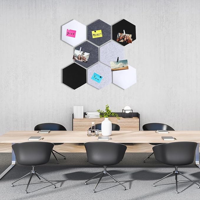 8 Pcs 12" Large Hexagon Felt Cork Board Tiles Self Adhesive DIY Bulletin Board Pin for Office Home Wall Decor Stickers Memos Photos Display with 10 Multi-Color Clip Drawing Pins(Black White)