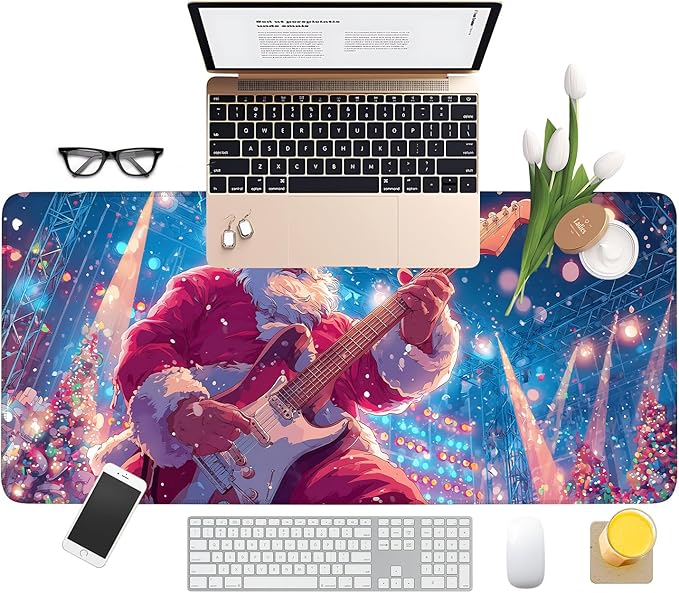Santa Claus Guitar Extended Gaming Mouse Pad 35.4 x 15.7 Inch – Festive Desk Mat for Gaming, Holiday Work, and Home Office, with Non-Slip Rubber Base and Stitched Edges