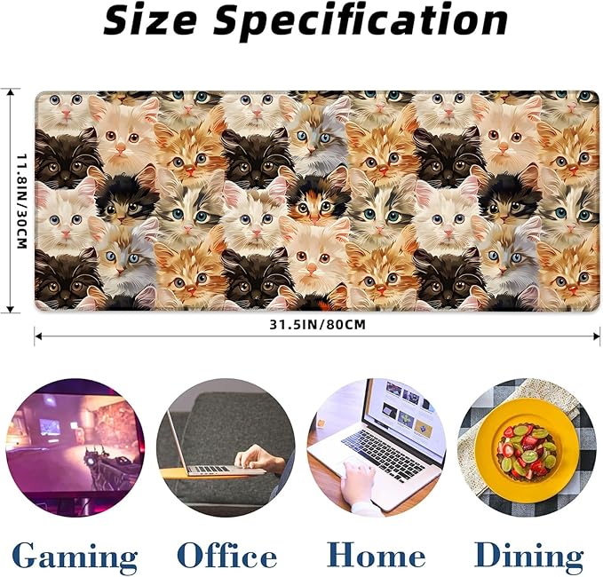 Cat Gaming Mouse Pad Extended Desk Computer Keyboard Laptop Mouse Pads for Gaming Home Office Work, Large Long Desk Mat Mousepad with Non-Slip Rubber Base 31.5×11.8inch (Cute Kitten)