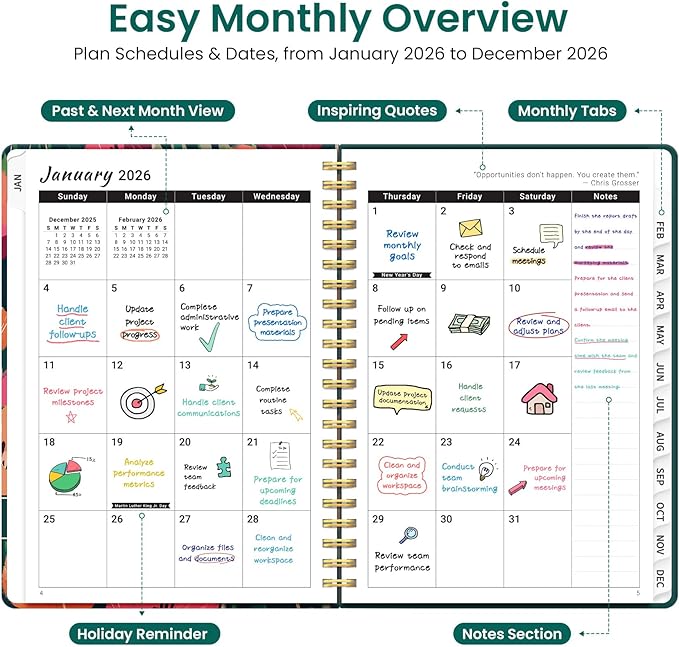 2026 Planner, Weekly and Monthly Planner for Women, January 2026 to December 2026, Pretty Hardcover 2026 Calendar Planner Book with Tabs, Inner Pocket, Spiral Bound, Perfect Office Home School Supplies - 6.3" x 8.5", Golden Blush