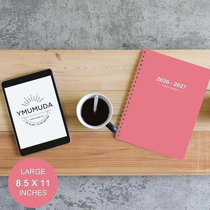 Ymumuda 2026 Planner-2 Year Monthly Planner 2026-2027, JAN.2026 - DEC.2027, 8.5" x 11", 26-27 Monthly Calendar,Large Planner with Spiral Bound, 24 Months Perfect for School Office Schedule - Pink