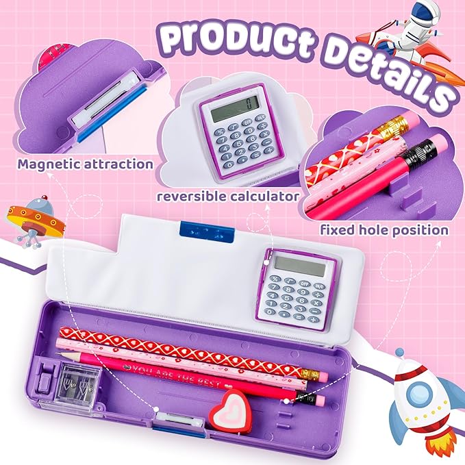 Henoyso Multifunctional Pencil Box for Girls Space Pencil Case with Calculator and Sharpener Cool Cute Pencilcase School Supplies Essentials Christmas Birthday Gift Present for Kids Teens