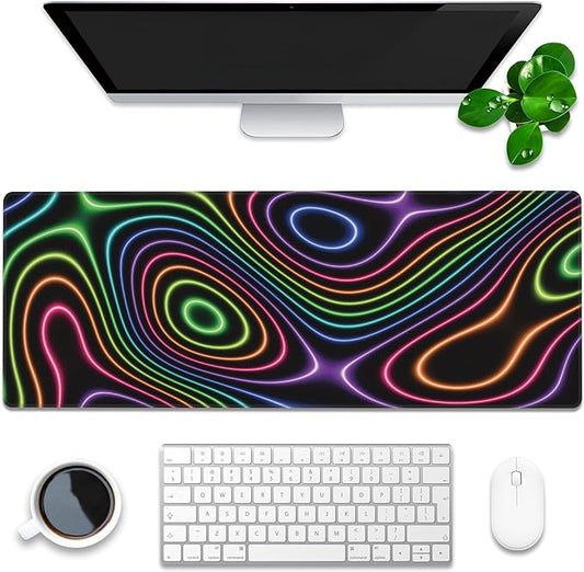 Desk Mat, Colorful Neon Topographic Contour Map Extended Gaming Mouse Pad Large, 31.5"x11.8" Big Mouse Pad with Non-Slip Base and Stitched Edge, Long Computer Keyboard Mouse Mat for Home Office Work