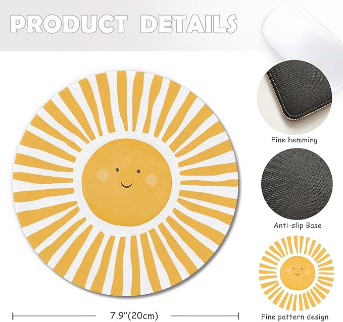 Boho Yellow Sunshine Mouse Pad, Cute Sunshine Mouse Pads Mousepad for Desk Home Office Dorm Computers Laptop, Boho Office Supplies Desk Accessories, 7.9x7.9 Inch