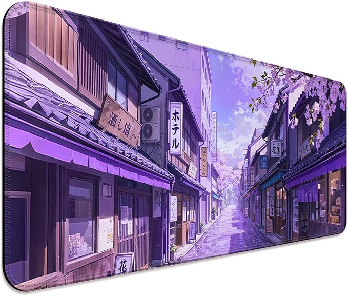Japanese Anime Purple Cherry Blossom Street XL Large Desk Mat, Extended Long Desk Pad for Gaming and Office, Non-Slip Rubber Base, Comfortable Surface Mouse Pad, 31.5x11.8 in (H16)