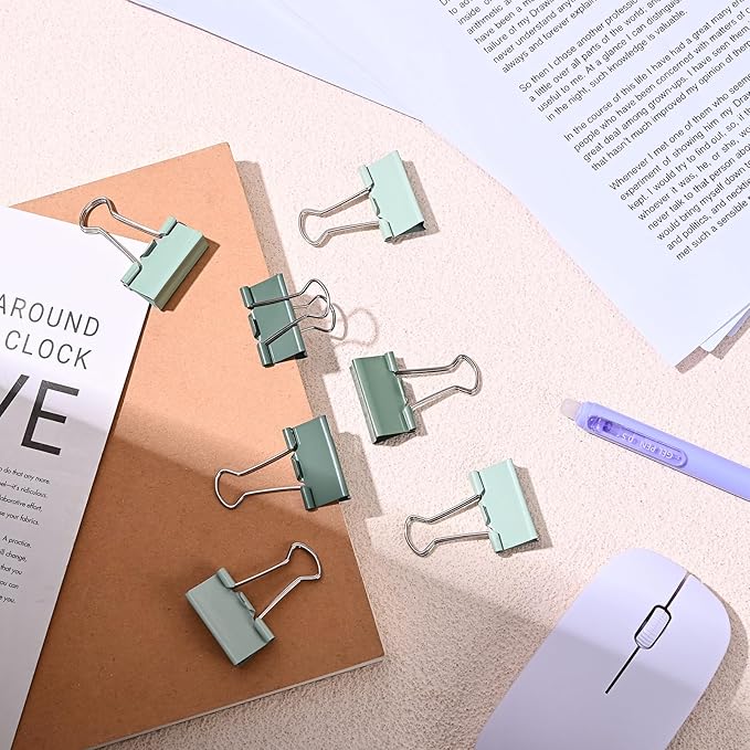 Temiary Aesthetic Binder Clips, 40 Pcs 0.75 Inches Small Metal Binder Clip with Clear Storage Container, Binding Paperwork Clamps for School Teachers Office Supplies (Green)