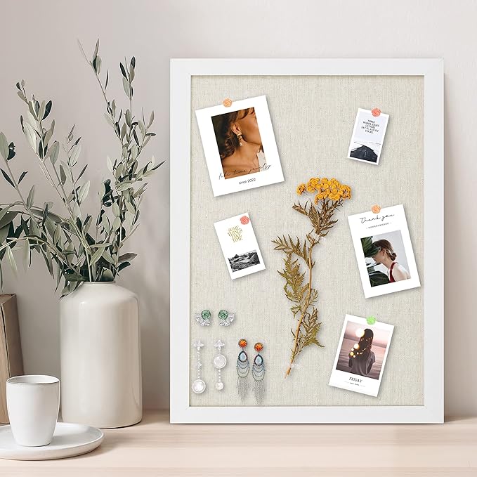 AKTOP Cork Board Bulletin Board with Linen 16.7" X 11", Small Framed Corkboard for Wall, Hanging Pin Board Picture Board for Home Office Decor, Cute Vision Board with 8 Pushpins (Vintage White)