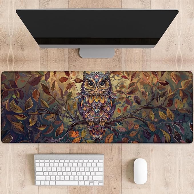 Autumn Owl Gaming Mouse Pad, Colorful Owl Perched on Branch Large Desk Mat for Computer, Extended Keyboard Laptop Mouse Pads 31.5×11.8in, Non Slip Rubber Mousepad for Office Decor Gifts