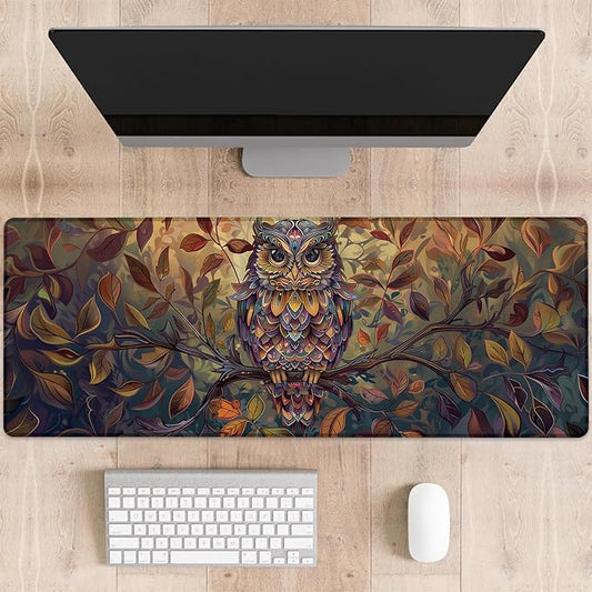 Autumn Owl Gaming Mouse Pad, Colorful Owl Perched on Branch Large Desk Mat for Computer, Extended Keyboard Laptop Mouse Pads 31.5×11.8in, Non Slip Rubber Mousepad for Office Decor Gifts