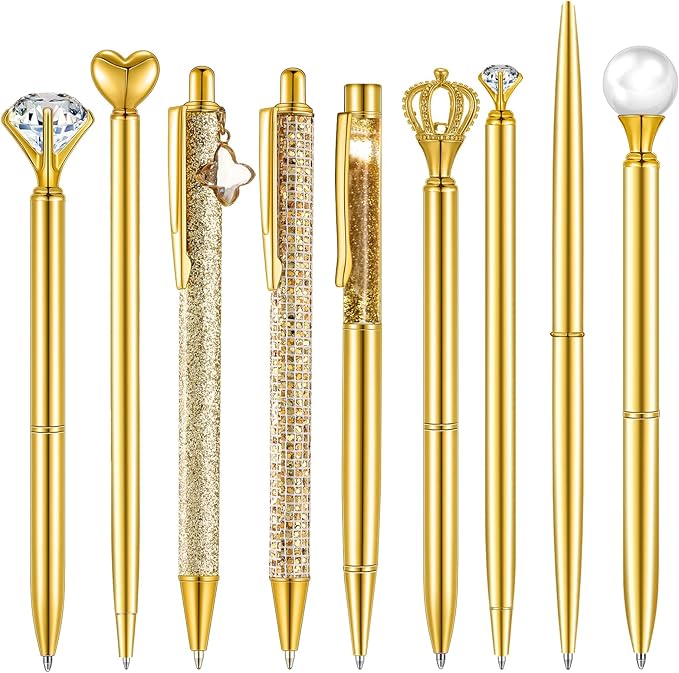 Janmini 9 Pcs Ballpoint Pens Set Metal Crystal Diamond Glitter Pens for Journaling Black Ink Pretty Cute Things Fancy Stationery Gifts for Women Girls Birthday Home Office Desk(Gold)