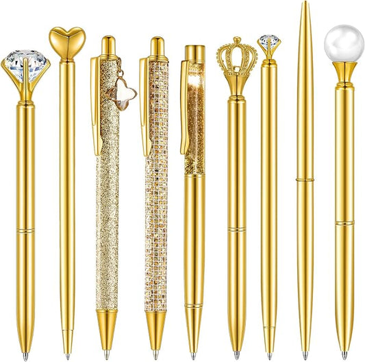 Janmini 9 Pcs Ballpoint Pens Set Metal Crystal Diamond Glitter Pens for Journaling Black Ink Pretty Cute Things Fancy Stationery Gifts for Women Girls Birthday Home Office Desk(Gold)
