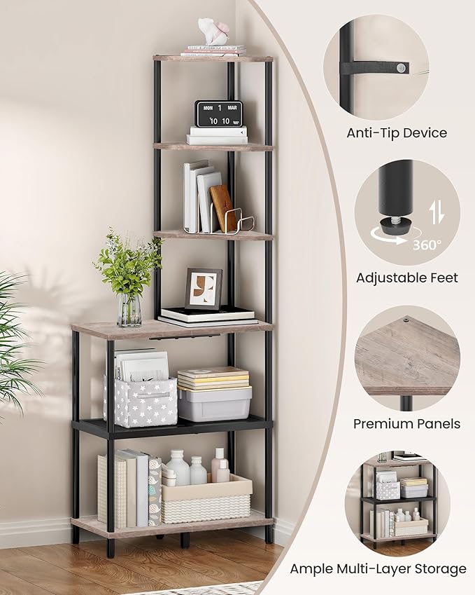 6-Tier Corner Shelf, Industrial Corner Bookshelf with Desk Top, Diamond-Shaped Storage Shelves, Display Stand for Small Spaces, Living Room, Home Office, Foyer, Greige and Black TCJ70BG