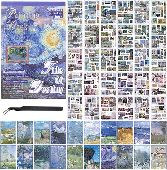Vintage Scrapbook Stickers, 50 Sheets Aesthetic Oil Painting Sticker Book for Adults with 450pcs Washi Stickers and 20 Sheets Scrapbook Paper Ephemera Sticker Book for Junk Journal Journaling Supplies
