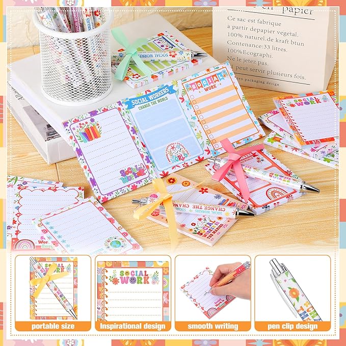 Eaasty 24 Sets Christmas Social Worker Appreciation Gifts Bulk Notepads and Ballpoint Pens Set with Ribbon Social Work Month Gifts for School Staff Coworker Office Supplies