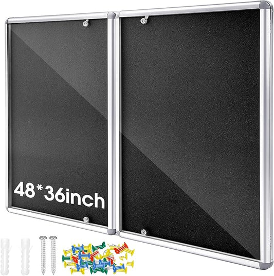 48"x36" Enclosed Bulletin Board Weather Resistant Lockable Outdoor Cork Fabric Display Board Aluminum Frame Wall Mounted 2 Locking Door for Office School Commercial 12xA4(Black, Silver Frame)