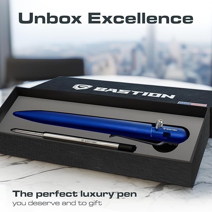 BASTION Aluminum Bolt Action Pen with Gift Case - Luxury Executive Retractable Lightweight Metal Ink Refillable Office Pocket EDC Fine Point Writing Ballpoint Pens for Men & Women