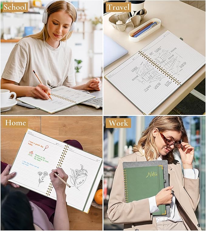 Hardcover Spiral Notebook Journal 8.5” x 11”, A4 Large Leather Notebooks for Women Men, Lined College Ruled Notebook, 100 GSM Paper, Spiral Bound Journals for Work School Note Taking Business, Green