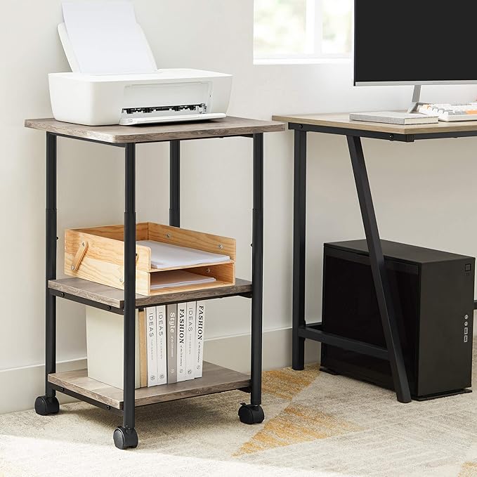 VASAGLE Heavy-Duty Printer Stand with Locking Wheels, 3-Tier Industrial Mobile Cart with Storage Shelf, Printer Table for Home, Office, 26.2-30.1" Adjustable Height, Heather Greige and Black