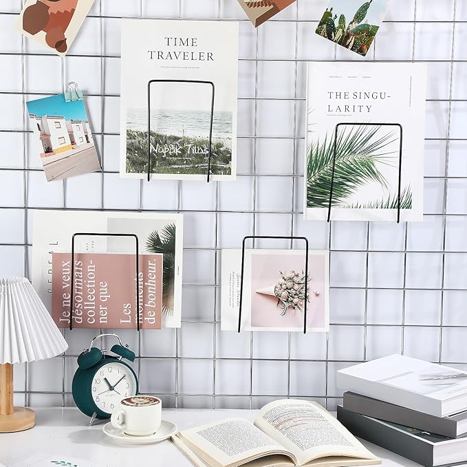 4 Pack Wall Grid Panel Accessories Gridwall Shelf Metal Wire Magazine Holder Literature Display Book Mail Card File Organizer Bookshelf Hooks for Exhibition Trade Show Office Retail (Black)