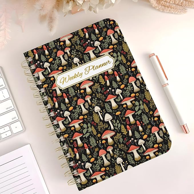 Weekly Planner Undated - 52 Weeks To Do List Notebook A5 for Work: Weekly Task, Habit Tracker Journal, Goal Setting, Agenda Sprial Bound Organizer Book for Women Cute Stylish Design, Mushroom