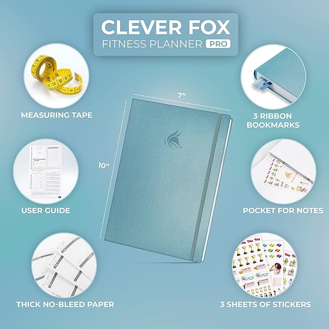 Clever Fox Fitness Journal PRO – Daily Workout Planner with Meal Planner & Habit Tracker – Gym Exercise Log Book for Women & Men – Fitness Planner Notebook – Lasts 6 Months, 7x10” - Aquamarine