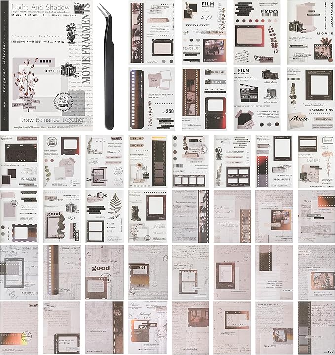 Vintage Washi Stickers Book for Journaling, 180pcs Aesthetic Film Journal Stickers and 20 Sheets Adhesive Scrapbook Papers for Junk Journal Supplies Ephemera Sticker Book for Adults DIY Art Crafts