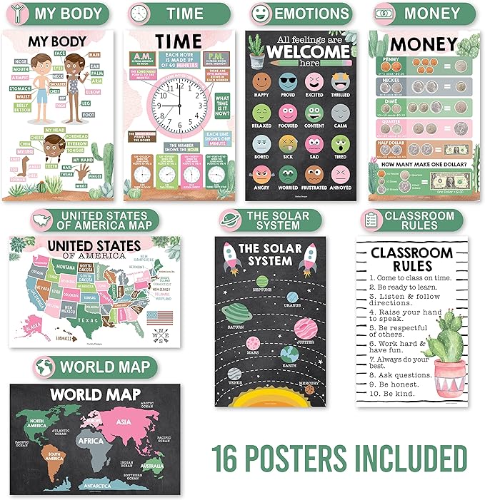Hadley Designs 16 Educational Posters for Classroom Decor - Learning Posters for Toddlers 1-3, Alphabet for Classroom Wall, Daycare Essentials, Homeschool Posters Preschool, Cactus Playroom Decor