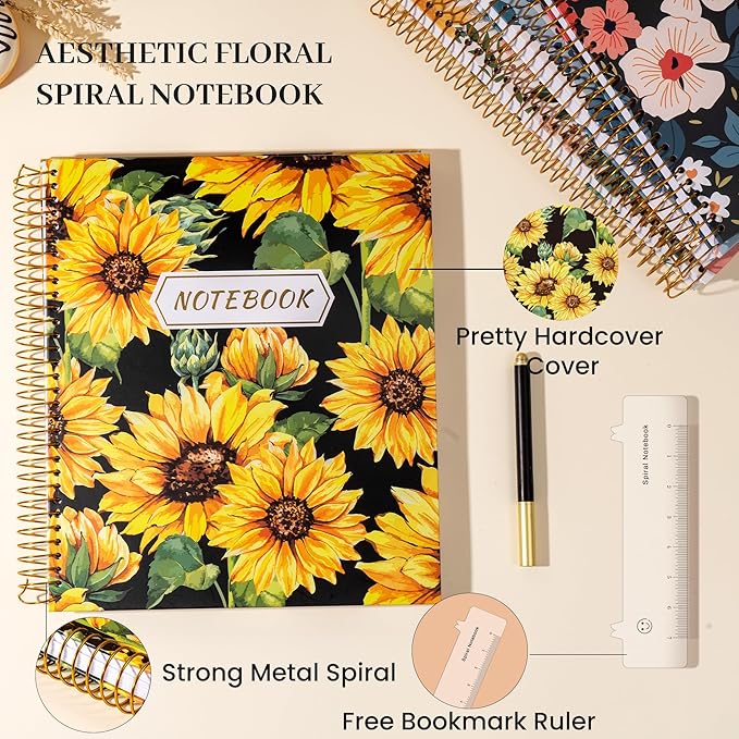 CAGIE Spiral Notebook 8.5 x 11 Aesthetic Hardcover Notebooks College Ruled with Large Pocket Floral Note Book Spiral Bound Journal Notebooks for Work Note Taking Women Writing School, Sunflower