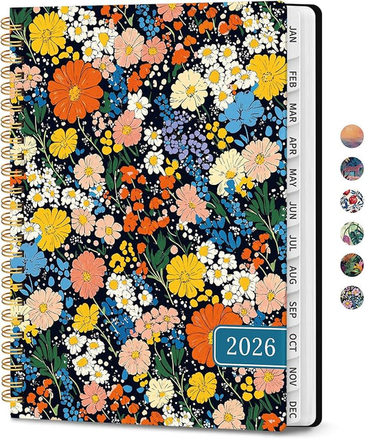 2026 Planner, Weekly and Monthly Calendar Planner for Women, Jan 2026 - Dec 2026, Hardcover Planning Agenda book with Tabs, Spiral Bound, Inner Pocket, Perfect for School Office Supplies, 6.3" x 8.5" - Colorful Blossoms