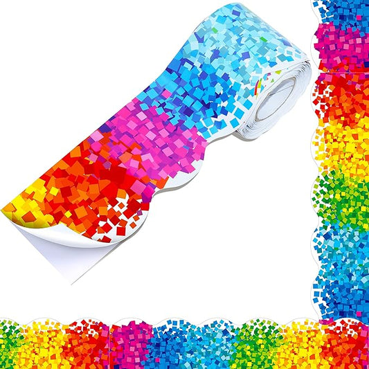 60 Feet Bulletin Board Borders, Self Adhesive Confetti Scalloped Rolled Border Trim Colorful Decoration with Strong & Permanent Adhesive for School, Classroom Offices Wall, Desks, Windows, Doors