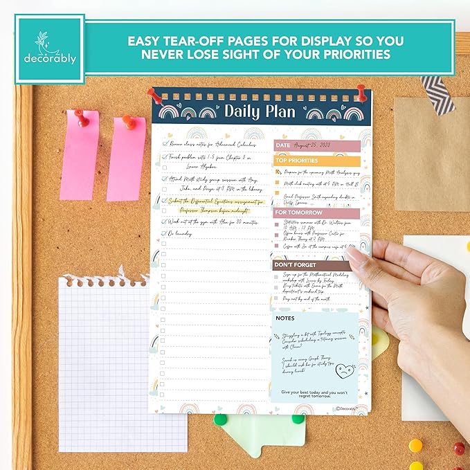 Decorably 52 Sheets Boho Rainbow Undated Daily Planner Notepad, 6.5x10in Spring-Bound, Easy Tear-Off Design, with to-do List, Priorities, Checklist, Agenda, Reminders, Notes - Home, School, Office