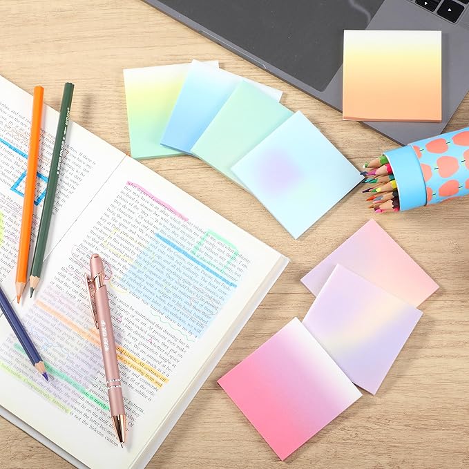 400 Sheets Gradient Transparent Sticky Notes 3 x 3 Inch Clear Pastel Aesthetic Self-Adhesive Sticky Notes for Annotating Bible Journaling Office College Supplies, 8 Pads