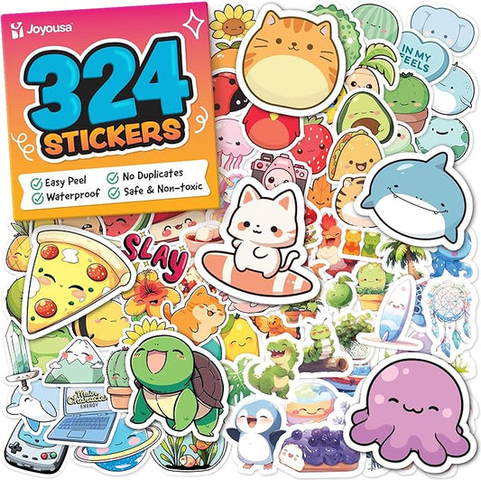 Cute Stickers for Kids - Kawaii Water Bottle Stickers for Teens - 324pc Sticker Pack - Waterproof Vinyl Stickers for Water Bottles, Scrapbook, Laptops - Valentine Stickers for Kids Classroom, Gifts