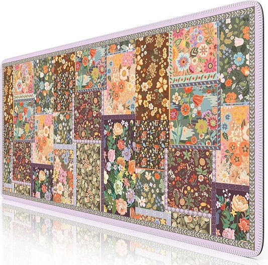 iCasso Floral Desk Pad Mat, Large Mouse Pad, Desk Matt for Desktop, Anti-Slip XXL Big Mousepad with Stitched Edges for Computer Keyboard (Brown)